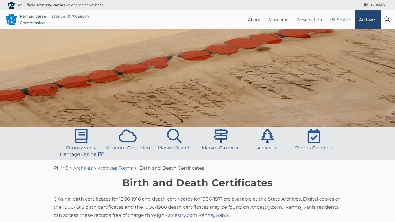 Birth and Death Certificates - Pennsylvania Historical & Museum Commission
